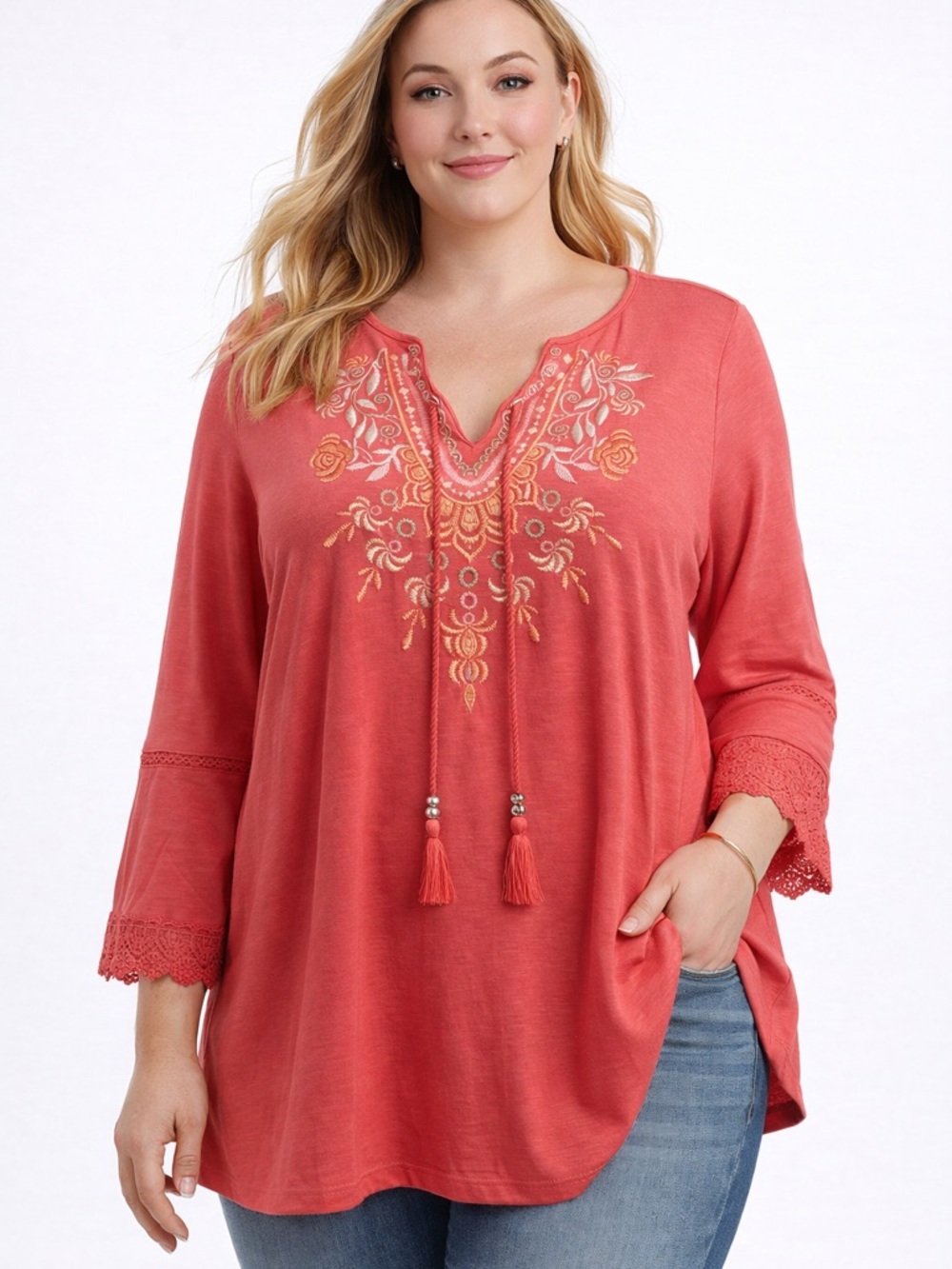 NWT Allison Daley Plus Embroidered Coral V-Neck  Boho Tunic Top Tie Front 3X